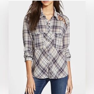 Free People Gauzy Knit Plaid Cutout Button-Up Shirt